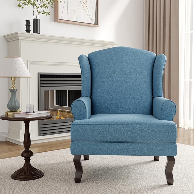 High Back Accent Chairs Set of 2 Comfy Upholstered Fabric Armchair for Living Room Mid Century Modern Club Accent Chair with Solid Wood Legs Single Sofa Reading Chair for Bedroom Sky Blue