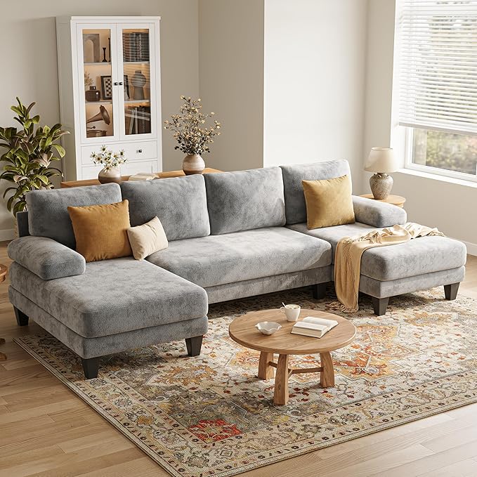 U-Shaped Sectional Couches for Living Room | 112 Inch Modern Sectional Couch | Light Grey Chenille Sofa with Double Chaise for Apartment