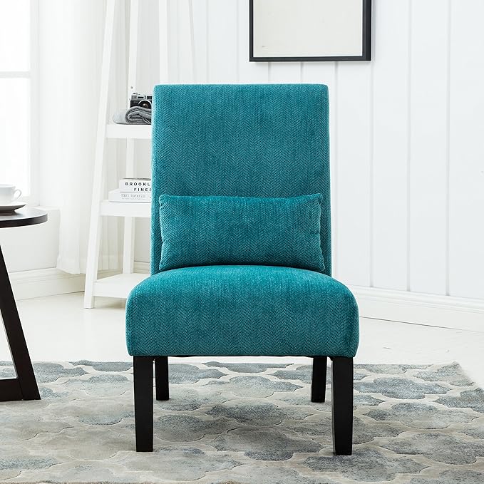 Knocbel Upholstered Accent Armless Chair with Pillow Living Room Fabric Lounge Chair with Solid Wood Frame &amp Legs (Teal Blue w/Pillow)