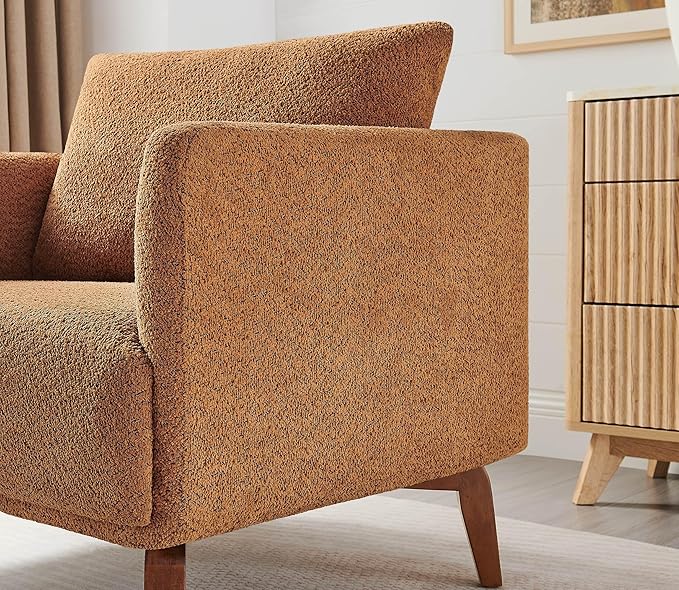 Oversized Accent Chair 37 Wide Boucle Armchair with Solid Wood Legs Upholstered Lounge Chair for Bedroom Office Modern Accent Chair for Living Room Cozy Reading Chair Easy Assembly Curry