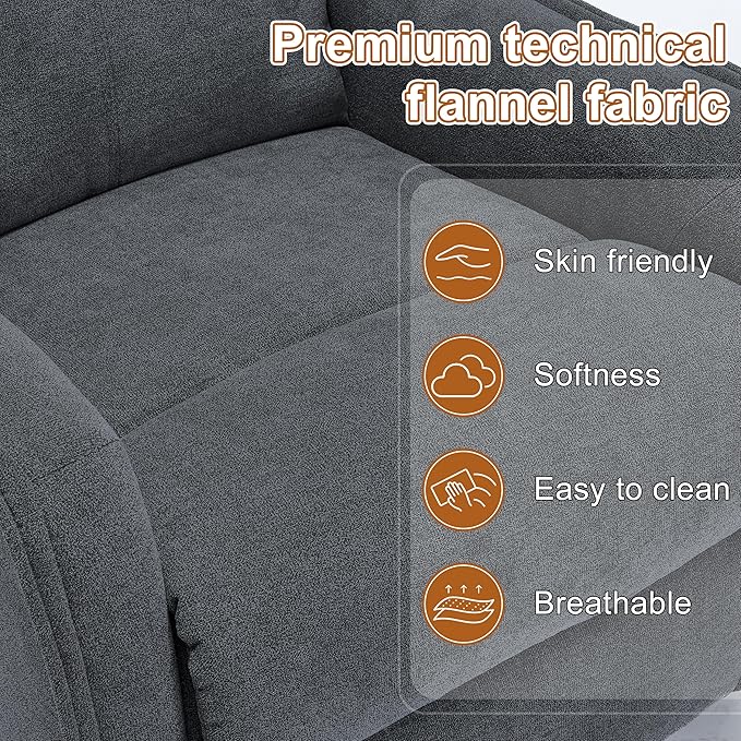 Manual 360° Swivel Rocker Recliner Chair for Adults Overstuffed Glider Chair for Nursery with Vibration Massage and Heat Comfy Soft Fabric Glider with Side Pockets for Living Room Dark Gray