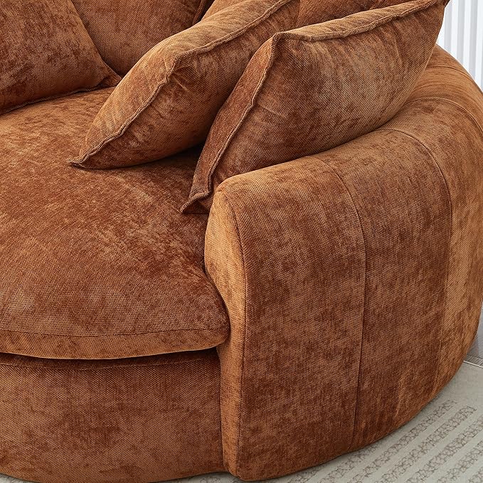 JUSTONE Oversized Round Chaise Lounge Chair 59.8-inch Modern Upholstered Chenille Cloud Chair Deep Seat Circle Floor Sofa for Living Room Bedroom Apartment Orange