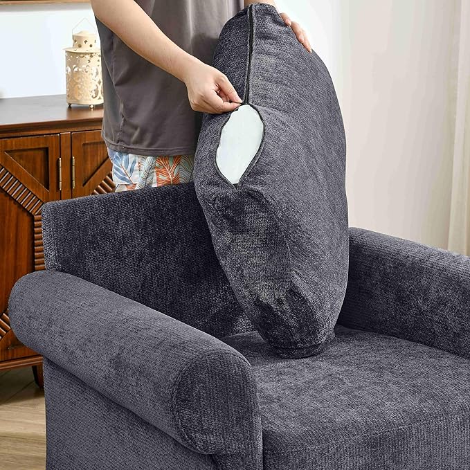 Living Room Chairs with Ottoman Small Accent Chair for Bedroom Single Sofa Couch with Chenille Fabric for Apartment and Small Places (Dark Grey)