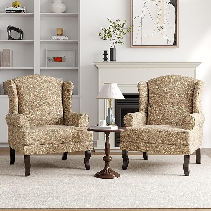 High Back Accent Chairs Set of 2 Comfy Upholstered Fabric Armchair for Living Room Mid Century Modern Club Accent Chair with Solid Wood Legs Single Sofa Reading Chair for Bedroom Paisley Brown