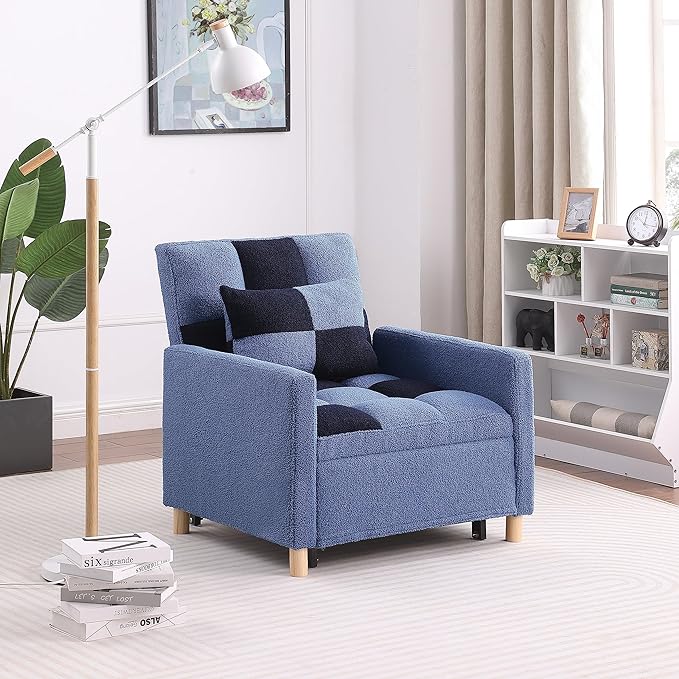 3-in-1 Convertible Chair Bed Single Sofa Bed Pull Out Sleeper with Adjustable Backrest Lounger for Living Room (Blue)