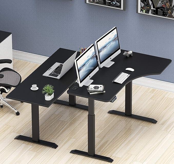 SHW 55-Inch Large Electric Height Adjustable L-Shaped Standing Desk with Right Facing Corner Black