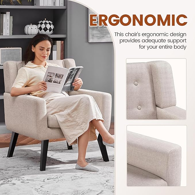 Yaheetech Accent Chair Modern Button Tufted Armchair Linen Fabric Sofa Chairs for Living Room Bedroom Mid-Century Comfy Reading Chair Beige