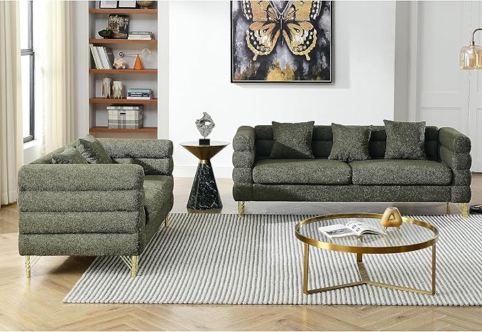 Black Sofa Set Living Room Furniture Sets Comfy Couch and Loveseat Teddy Boucle Fluffy Tufted 3 Seater Cloud Couch Sets for Bedroom Office juegos de muebles de sala Modern Soft Cushioned&amp Golden