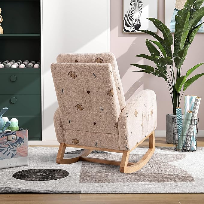 Nursery Chair 26.8 W Modern Rocking Chair for Nursery Mid Century Accent Rocker Armchair with Side Pocket Upholstered High Back Wooden Rocking Chair (Beige Boucle)