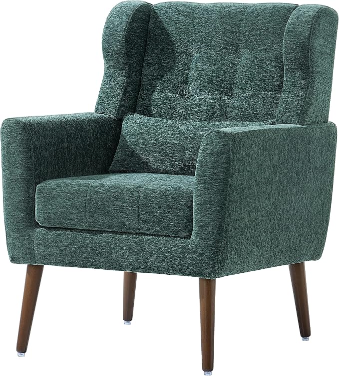 Modern Accent Chair Chenille Armchair for Living Room Upholstered Lounge Chair with Pillow Solid Wood Legs (Blackish Green)