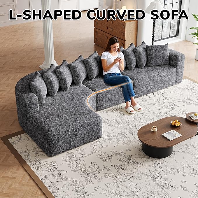 131 Boneless Chenille Sectional L-Shaped Sofa Modern Cloud-Shaped Curved 3-Seater Sofa Includes 10 Pillows Living Room Fabric Corner Couch (Grey 131” Left Chaise)