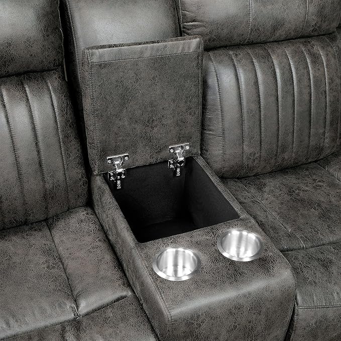 Lexicon 74 W Manual Double Reclining Loveseat with Center Console Polished Microfiber Recliner Loveseat Pillow Top Arms for Living Room Easy Assembly Brownish Gray