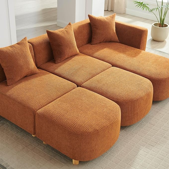 VANOMi 109.84 Modular Sectional Sofa with 3 Pillows Convertible 5-Seater Comfy Boucle Cloud Couch with Ottoman Modern Sectional Sofas for Living Room Office Apartment (Curry)