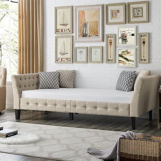 Rosevera Jamie Modern Upholstered Frame Button Tufted Fine Polyester Easy aseemble with Wooden Legs Twin Size Daybed Sleeper Couch for Living Room Bedroom Standard Warm Beige