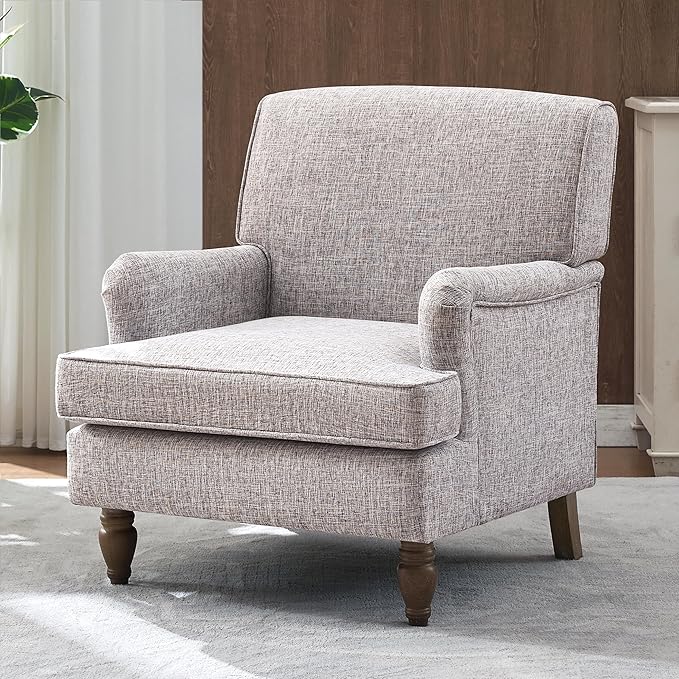 Vintage Upholstered Linen Fabric Armchair with Solid Wood Legs Accent Chair Single Sofa Chair for Living Room Office Apartment Hotel Lobby (Coffee-7.22)