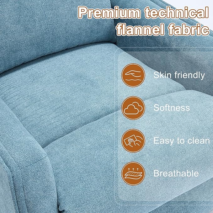 Manual 360° Swivel Rocker Recliner Chair for Adults Overstuffed Glider Chair for Nursery with Vibration Massage and Heat Comfy Soft Fabric Glider with Side Pockets for Living Room Blue