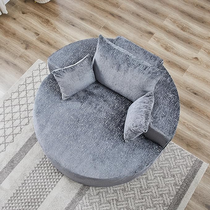 Oversized Round Chaise Lounge Chair Indoor 55'' Chenille Deep Seat Circle Single Floor Sofa Chairs Modern Upholstered Sponge Armchair Cloud Sleeper Chair for Living Room Bedroom Apartment Gray