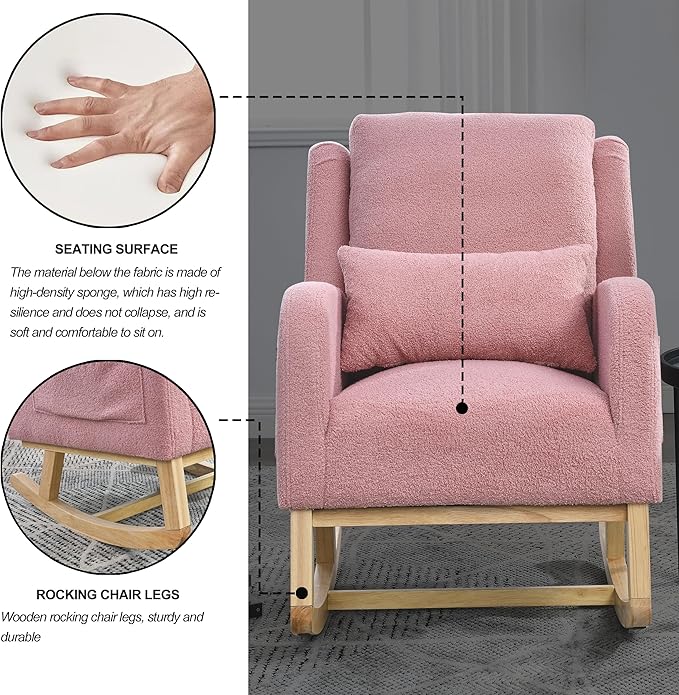 Nursery Rocking Chair Glider Chair with Side Pockets and Pillow Upholstered Side Chair with Rubber Wood Legs Comfy Accent Arm Chair for Bedroom Living Room (Pink Teddy)