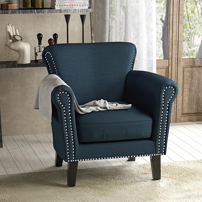 Christopher Knight Home Brice Vintage Scroll Arm Studded Fabric Club Chair Navy Blue / Dark Brown 31D x 29.5W x 31.5H in