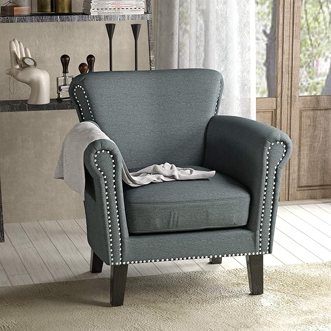 Christopher Knight Home Brice Vintage Scroll Arm Studded Fabric Club Chair Steel Blue / Dark Brown