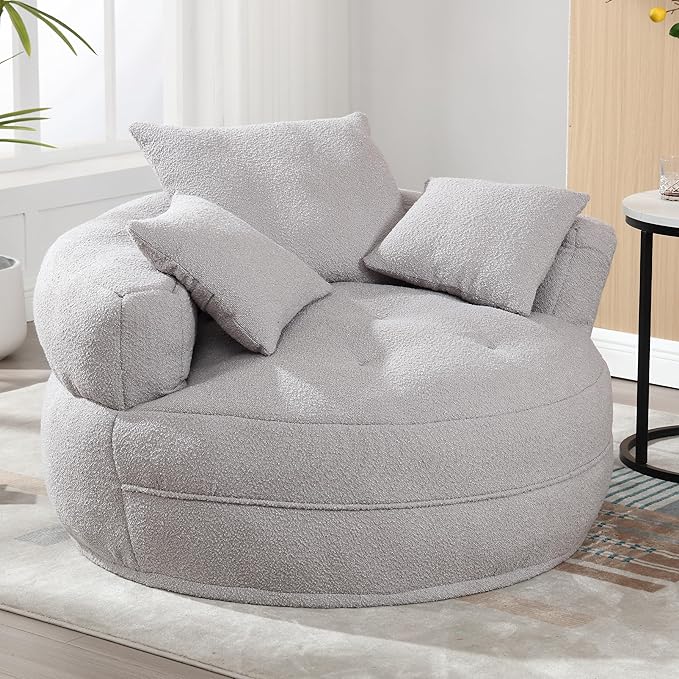 QQU 48“ W Oversized Round Barrel Chair with 3 Pillows Large Round Lounge Barrel Chair for Home Oversized Leisure Single Sofa with Armrests Circle Couch for Living Room Apartment Grey