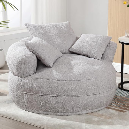 QQU 48“ W Oversized Round Barrel Chair with 3 Pillows Large Round Lounge Barrel Chair for Home Oversized Leisure Single Sofa with Armrests Circle Couch for Living Room Apartment Grey