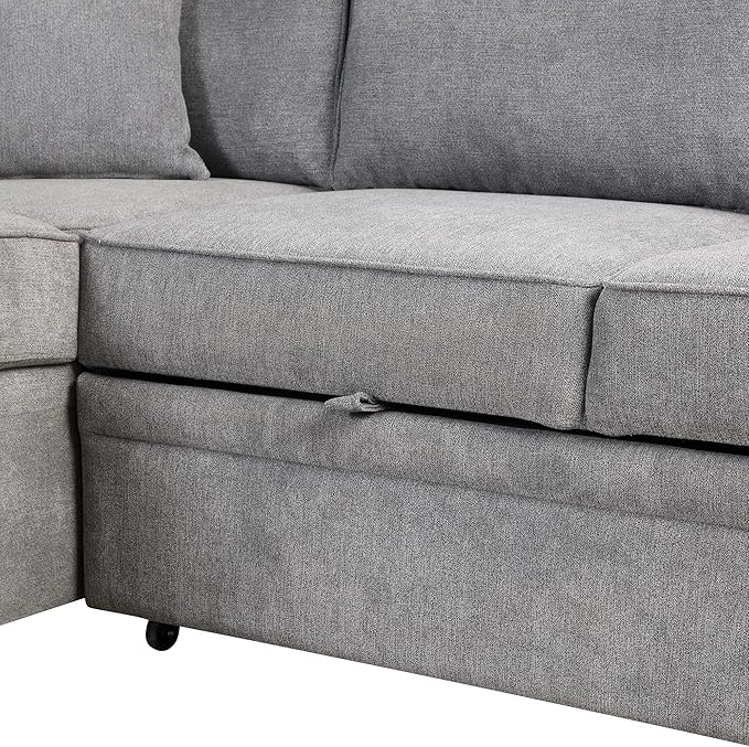 Linen L-shape Reversible Sleeper Sectional Sofa Couch with Storage Ottoman 2 in 1 Pull Out Convertible Sofa Bed with Cup Holders and USB Charging Port for Living Room Apartment Office (Grey-LI)