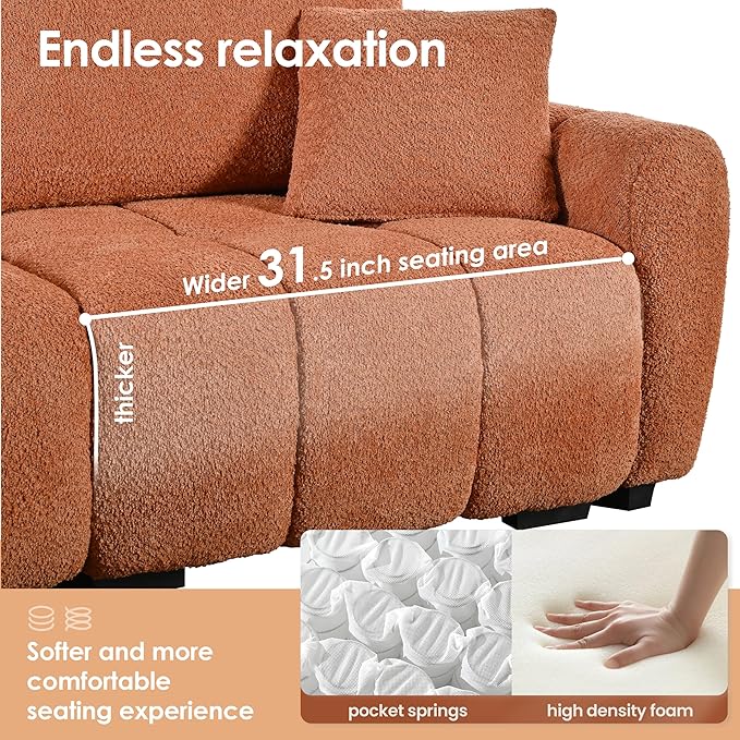 110 Modular Sectional Sofa L Shape with Extra-Large Seat Pull-line Design Movable Ottoman High Density Foam Free Combination Sturdy Metal&ampWood Frame Boucle Fabric (Orange)