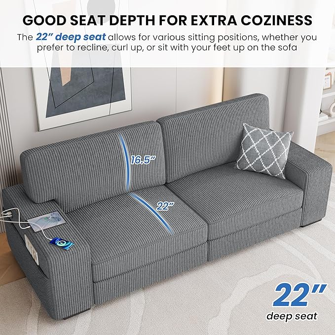 Yaheetech 83.5 W Modern Sofa Couch Corduroy Fabric Sofa with Detachable Cover USB Charging Ports &amp Side Storage Pockets for Living Room Apartment Dark Gray