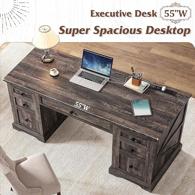 EnHomee 58 W Farmhouse Executive Desk with Drawers Wood Home Office Desks with Power Outlets Rustic Computer Desk with Storage Cabinet for Working Studying Writing Dark Rustic Oak