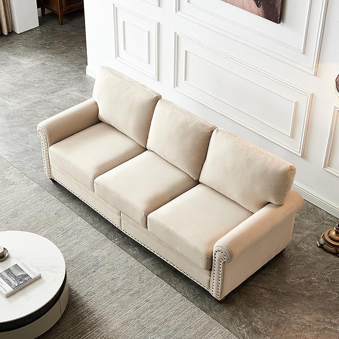 82.68 Chesterfield Couch Sofa with Storage for Living Room Nailhead Trim Rolled Arms 3 Person Seaters para Sala Family Apartment Room Plush Cushion Beige