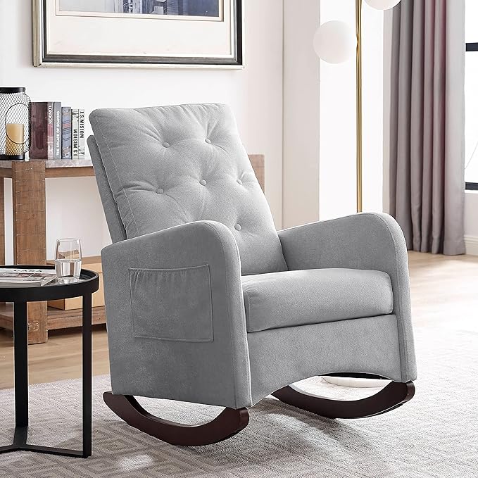 25.6 W Modern Accent High Backrest Living Room Lounge Arm Rocking Chair Two Side Pocket