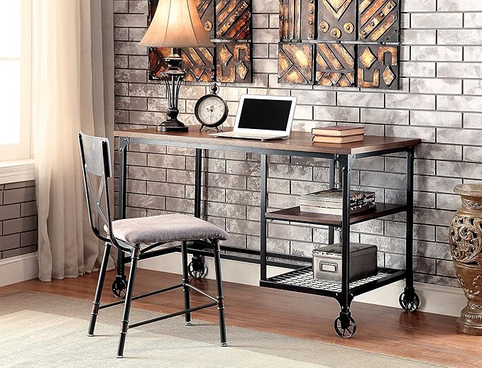 HOMES: Inside + Out Luella Industrial Storage Metal 48 in. Writing Desk with 2 Shelves and 4 Wheels for Home Office Study Room Antique Black
