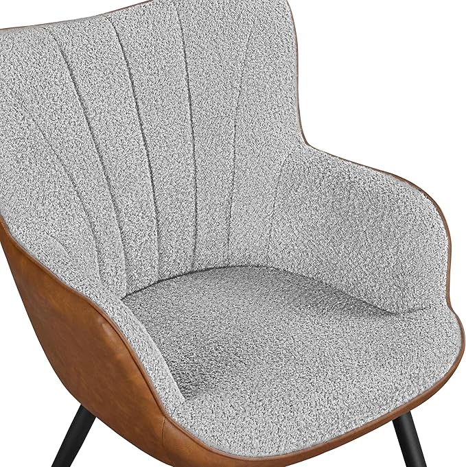 Topeakmart Modern Accent Chair Faux Leather Armchair with Boucle Fabric High Back and Mental Legs for Living Room Bedroom Gray/Retro Brown