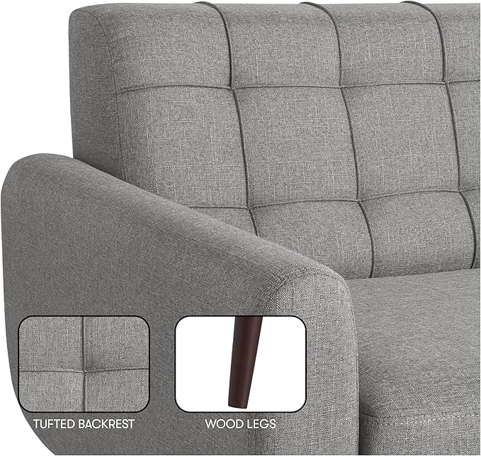 Serta® David 61.2 Modern Sofa Tufted Back Cushion Rounded Arms Solid Wood Legs Dream Coil® Comfort Woven Polyester Fabric Gray