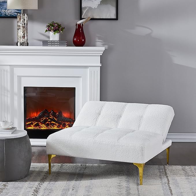 35.5 Modern Convertible Futon Sofa with Adjustable Backrest Teddy Upholstered Chaise Lounge with Tufted Design Comfy Couch Bed with Gold Metal Legs for Living Room Bedroom Apartment White Teddy