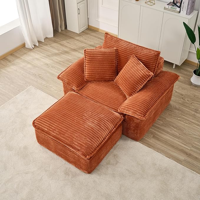Oversized Armchair with Ottoman Corduroy Reading Chair for Bedroom &amp Living Room Modern Floor Sofa Chair Comfy Lazy Lounge Chair No Assembly Required Orange