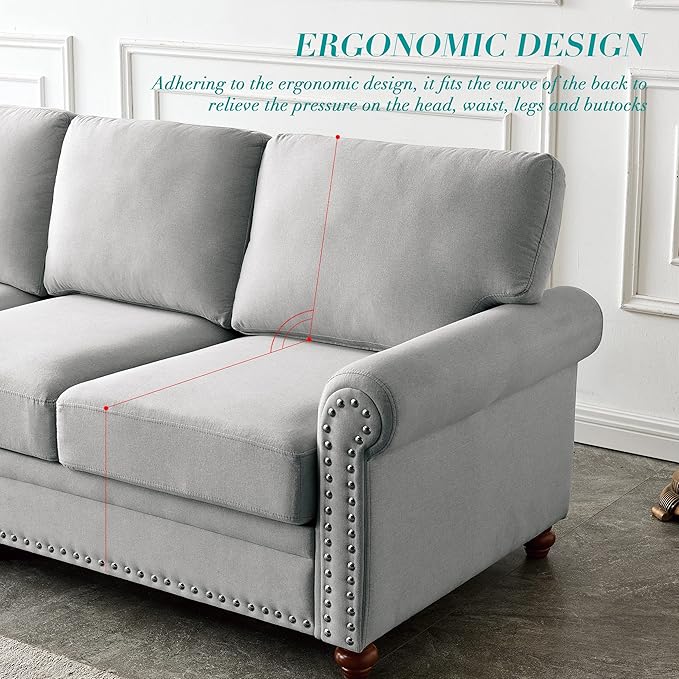 82'' Linen Fabric CouchLiving Room Furniture Sofa Set Rivet Decoration Sectional Sofa Set for Living Room Apply to Office and Home(3 Seater Sofas+Loveseat+Chair) Grey