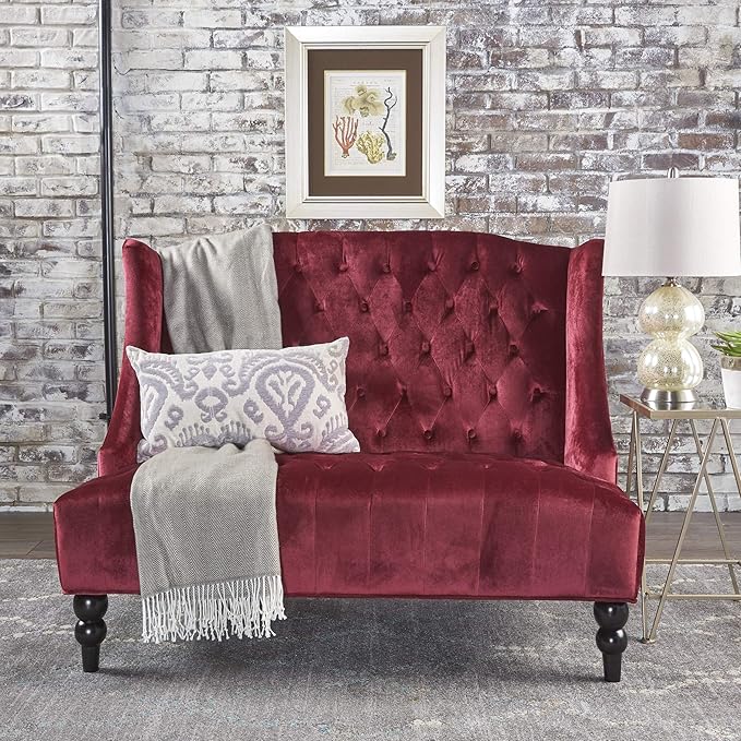 Christopher Knight Home GDFStudio Leona Modern Glam Tufted Velvet Wingback Loveseat Wine and Dark Brown 34.00 ''D x 50.25‘’W x 38.50'' H
