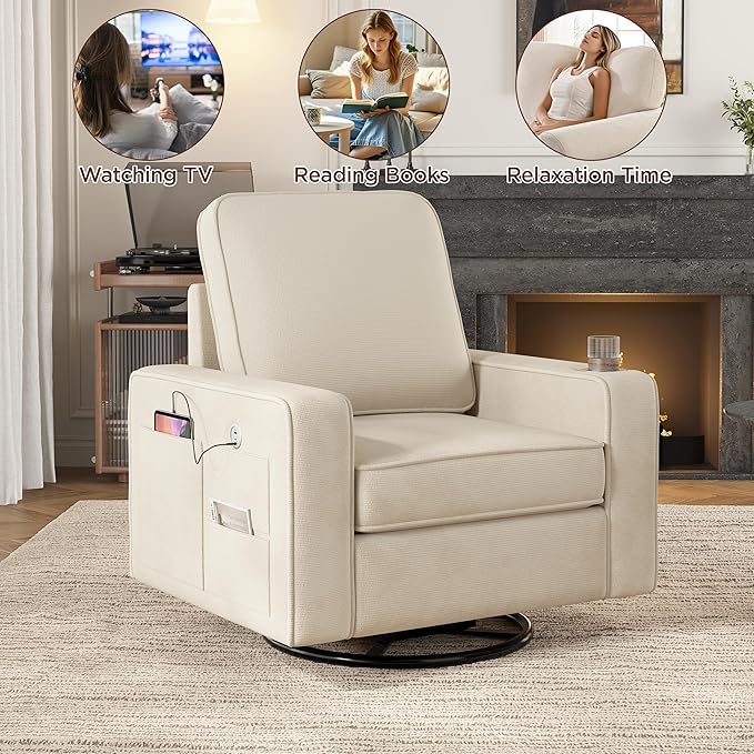 Swivel Square Accent Chair with Wide Armrests360° Rotating Comfy Single Sofa Chairs with USB/Type-CCup Holder &amp Side PocketModern Armchair for Living Room Bedroom Reading Lounge NookBeige Whit