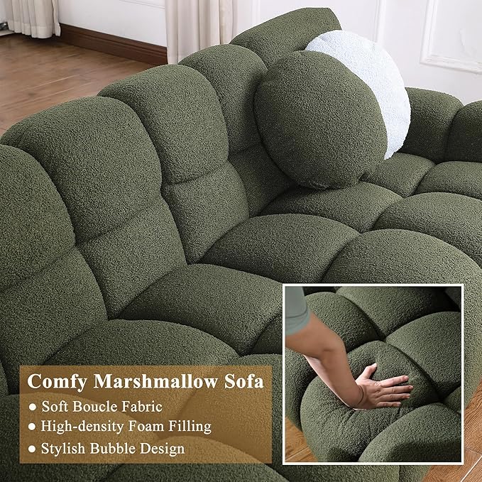 86.5 Green Boucle Cloud Sofa Couch Modern Tufted 3 Seater Sectional Sofa Set for Living Room Comfy Upholstered Couch Bed with 2 Accent Pillows for Bedroom Apartment Office