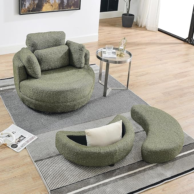 kevinplus Swivel Barrel Chair Accent Chair with Storage Ottoman for Living Room Modern Round Upholstered Single Sofa Couch Chair for Apartment Bedroom Teddy Fabric Green (ø39'' x 30.5'')