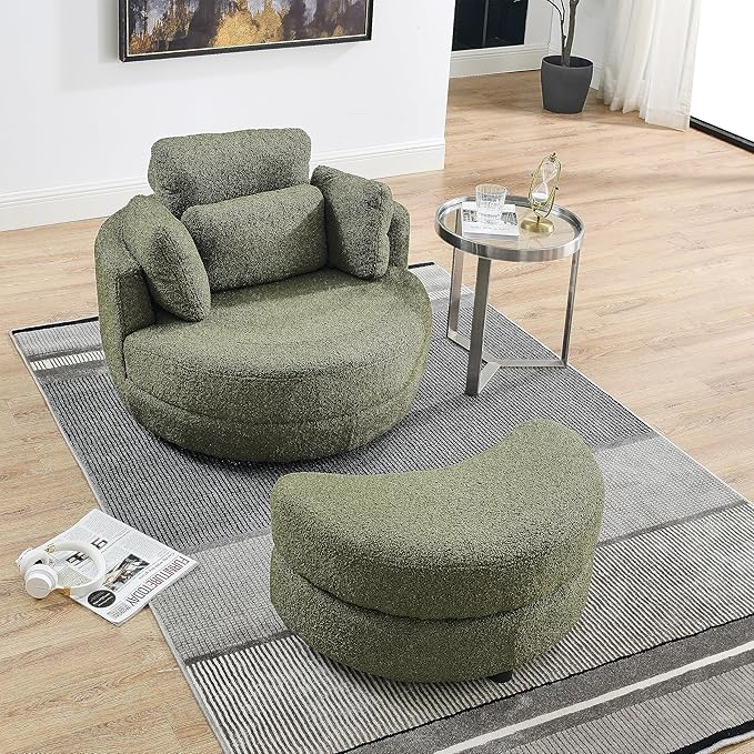 kevinplus Swivel Barrel Chair Accent Chair with Storage Ottoman for Living Room Modern Round Upholstered Single Sofa Couch Chair for Apartment Bedroom Teddy Fabric Green (ø39'' x 30.5'')