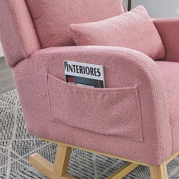 Nursery Rocking Chair Glider Chair with Side Pockets and Pillow Upholstered Side Chair with Rubber Wood Legs Comfy Accent Arm Chair for Bedroom Living Room (Pink Teddy)